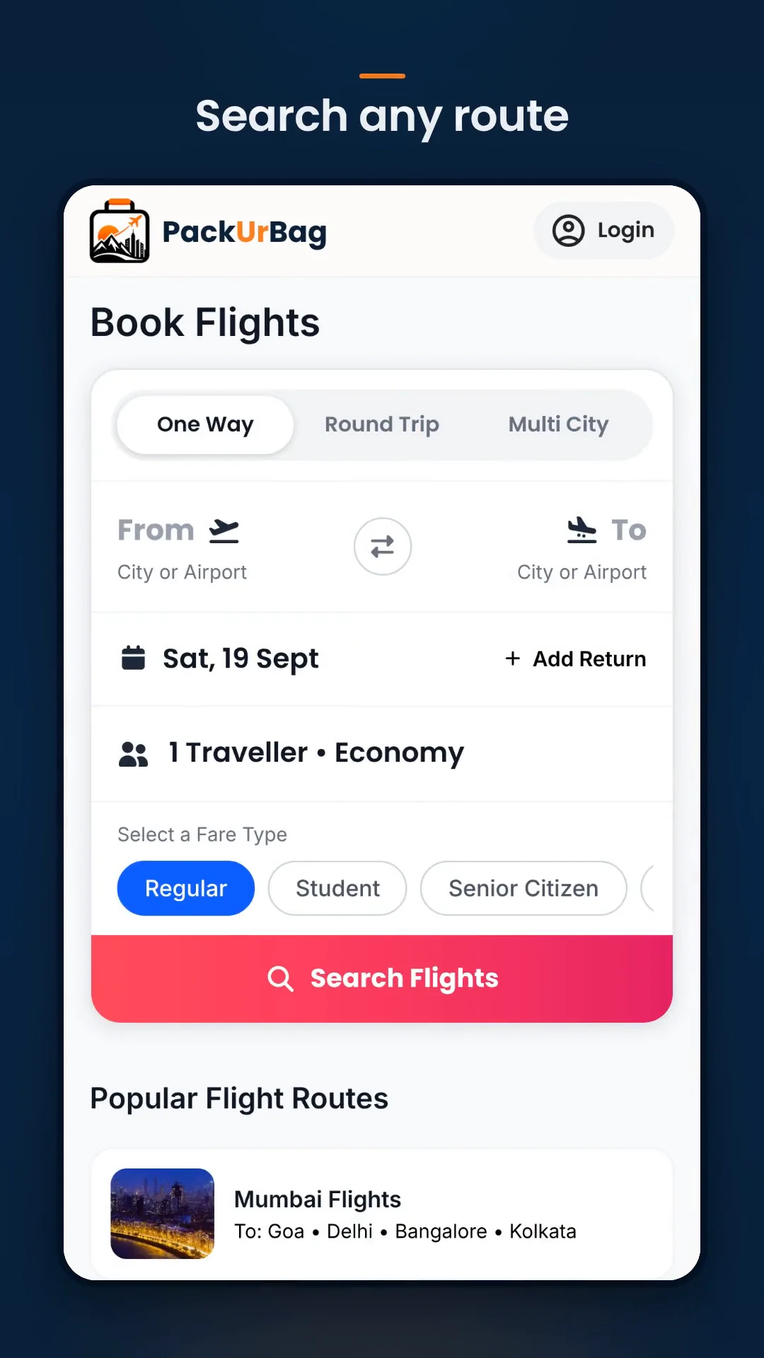 Screen recording of booking a flight on PackUrBag, from search to review.